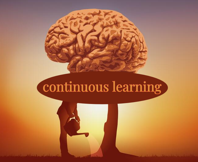 This is a bizarre image a man watering a tree that looks like a brain. The phrase "continuous learning" is superimposed. 