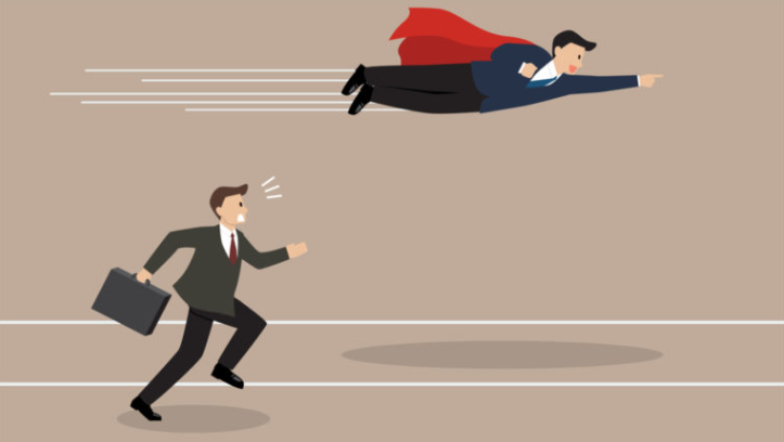 This image makes the compelling argument that Superperson capes allow businesspeople to pass other businesspeople in a race.