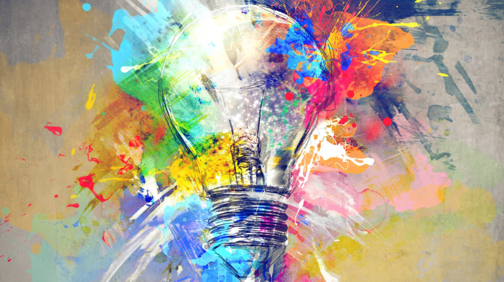 This is a colorful, abstract painting of a light bulb.