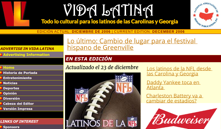 This is an image of the Vida Latina website from December 23, 2006.