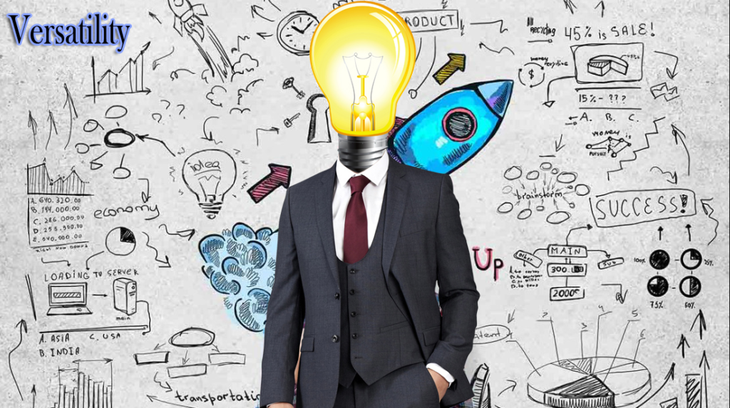 This is an image of a man wearing a suit--who has an illuminated light bulb as a head--standing in front of a whiteboard that's full of notes of all kinds. 
