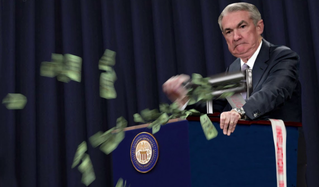 This is a still from the original "Jerome Powell's money printer went brrr" video. It shows J.P. standing behind a Federal Reserve podium, printing money using an old-fashioned hand-cranked copy machine.