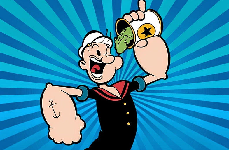This is an image of a modern-looking Popeye superimposed on a blue burst background. 