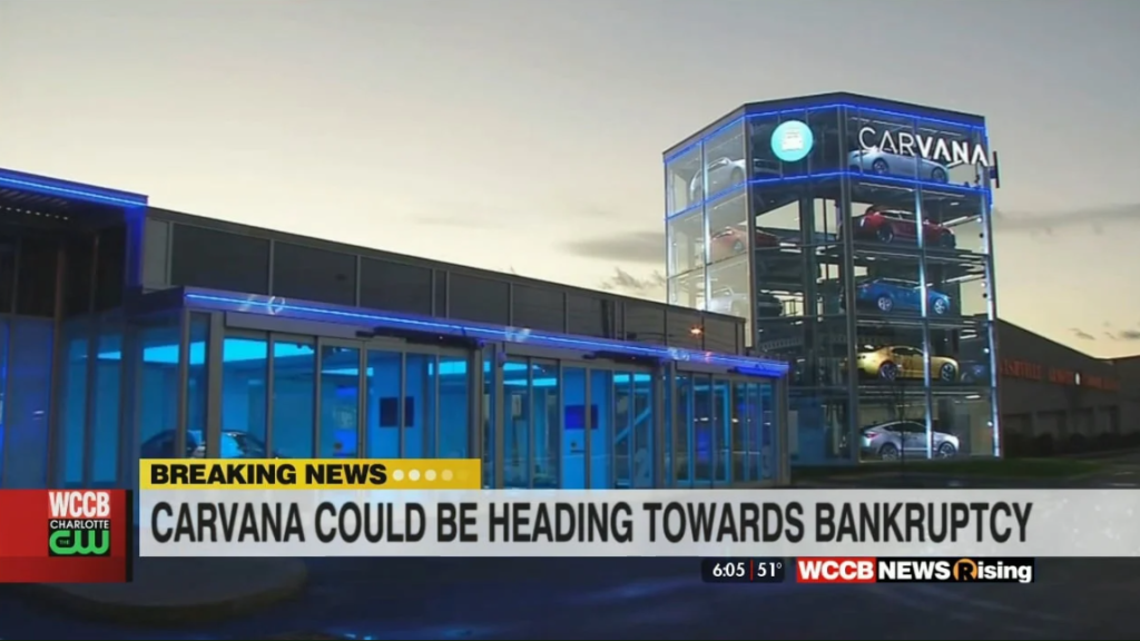 This is an image from a local news report that carries the byline "Carvana could be heading towards bankruptcy".