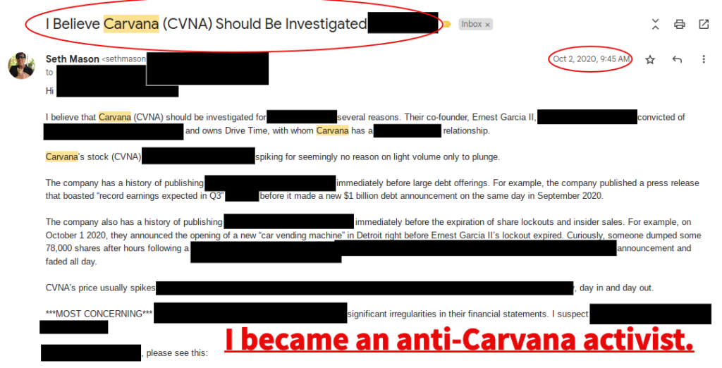 This is Seth Mason's 2020 email about possible Carvana fraud. In the email, which has been redacted, he listed a number of reasons why he thought that Carvana should be investigated for fraud.